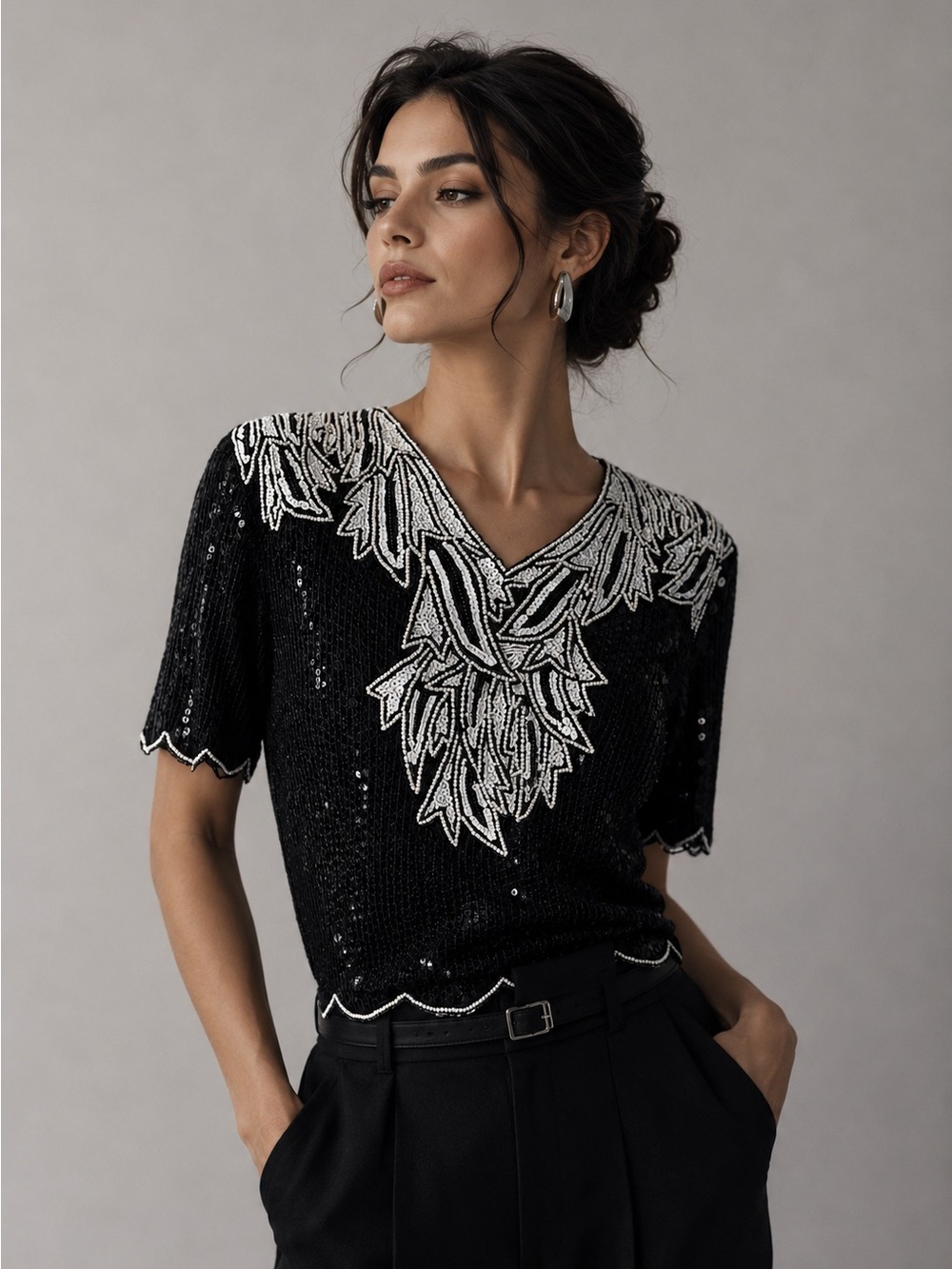 Vintage Black Sequin & Beaded Evening Top Size Medium Art Deco Glam Blouse